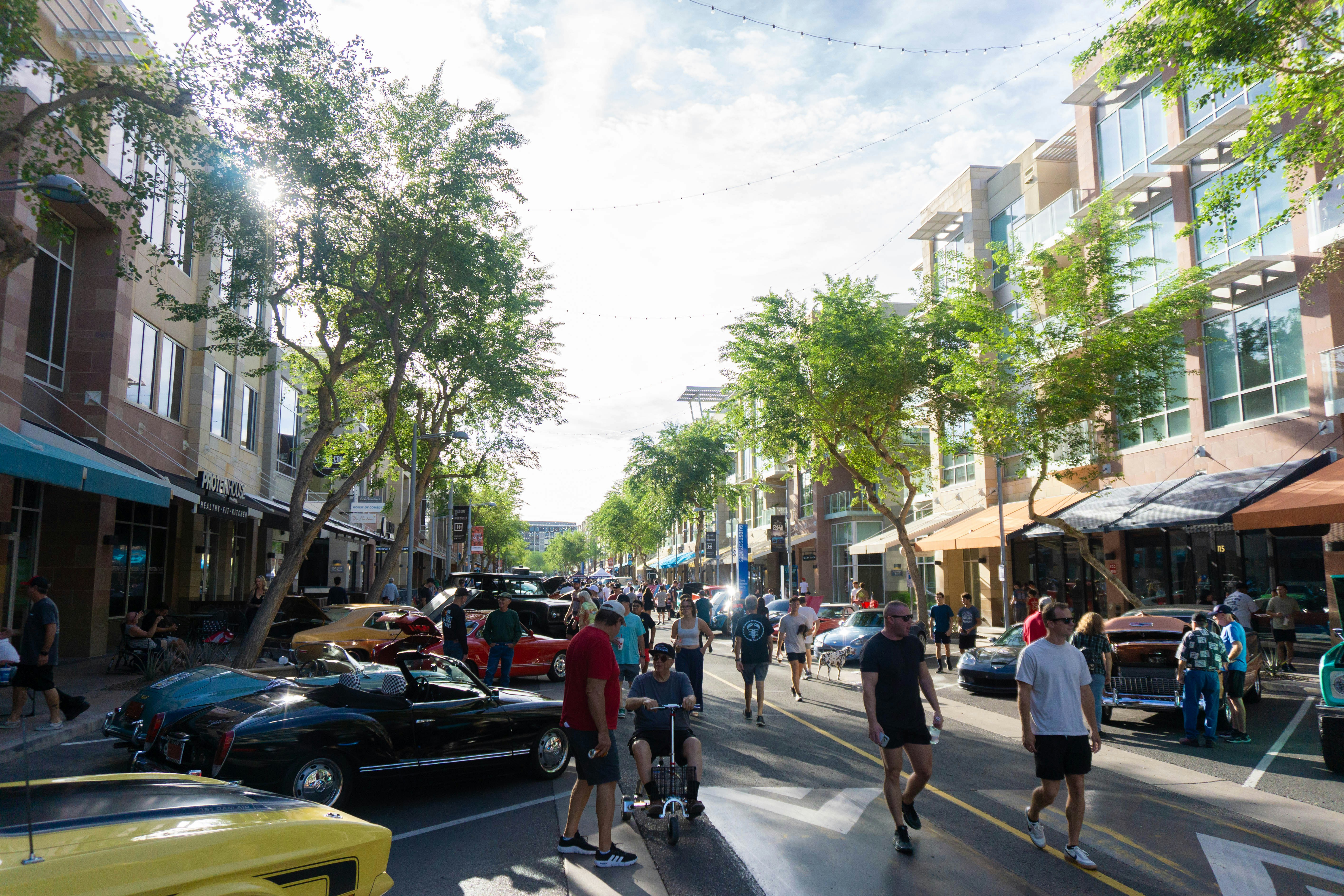 A tree-lined Old Town street with shops, cafes and people walking